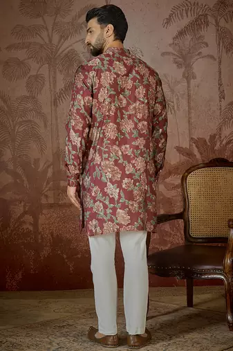 Mens maroon silk blend floral printed kurta with trouser