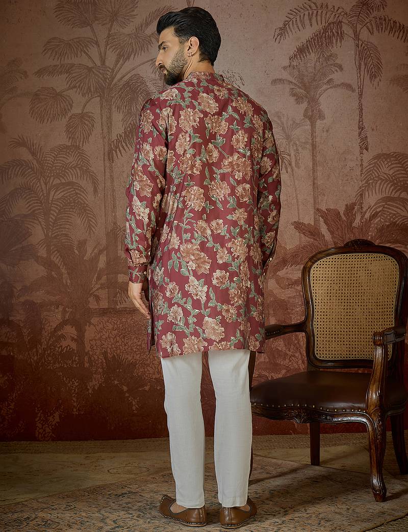 Mens maroon silk blend floral printed kurta with trouser