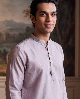 Mens blue jacquard geometric embroidered kurta with trouser 1