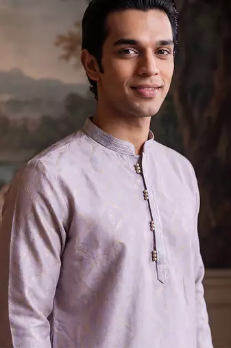 Mens blue jacquard geometric embroidered kurta with trouser