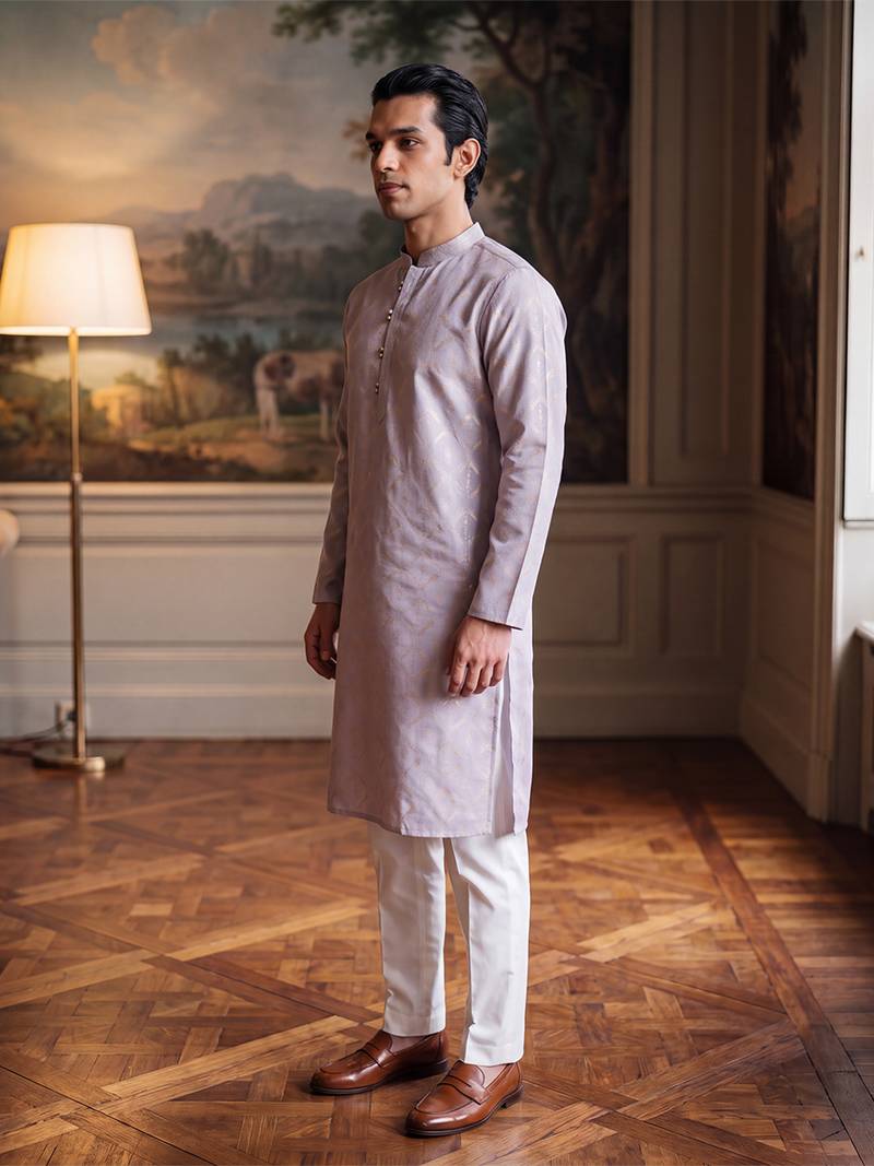 Mens blue jacquard geometric embroidered kurta with trouser