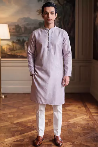 Mens blue jacquard geometric embroidered kurta with trouser