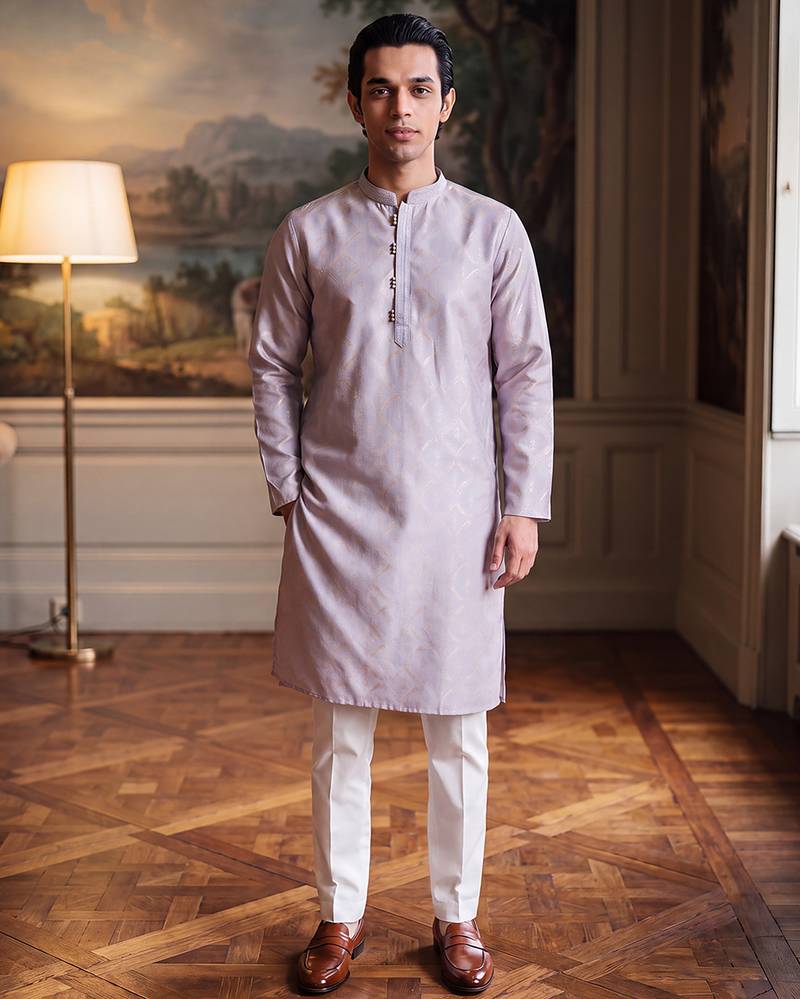 Mens blue jacquard geometric embroidered kurta with trouser