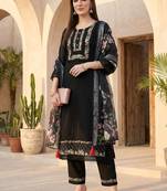 Women Floral Embroidered Regular Thread Work Linen Kurta with Trousers & With Dupatta