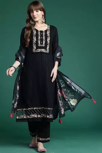 Women Floral Embroidered Regular Thread Work Linen Kurta with Trousers & With Dupatta