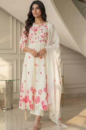 Women Floral Printed Panelled Pure Cotton Kurta with Trousers & With Dupatta