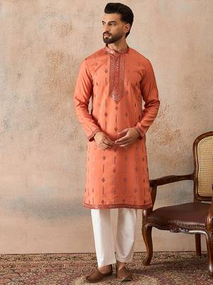 Mens orange silk blend solid embroidered kurta with trouser 2