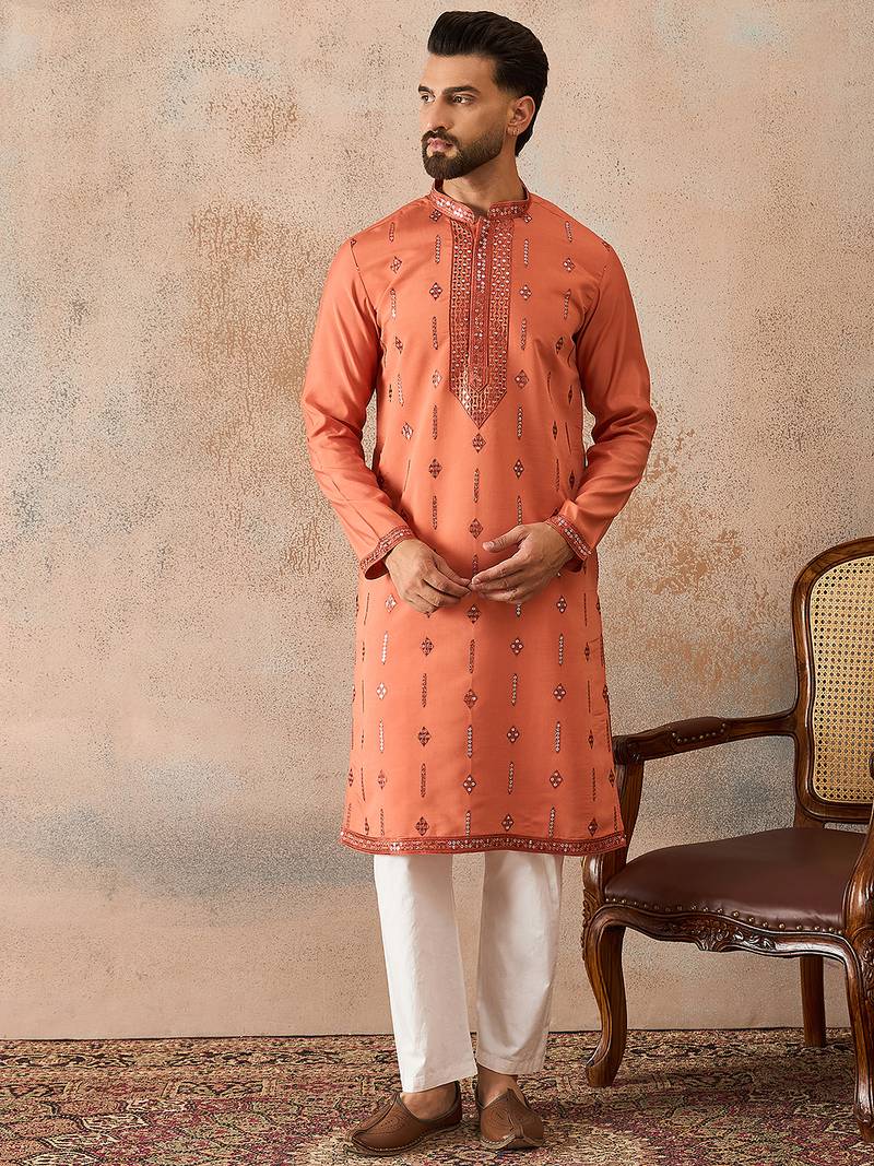 Mens orange silk blend solid embroidered kurta with trouser