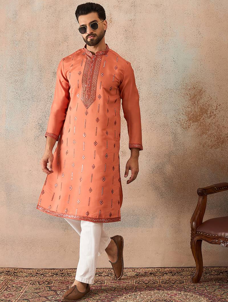 Mens orange silk blend solid embroidered kurta with trouser