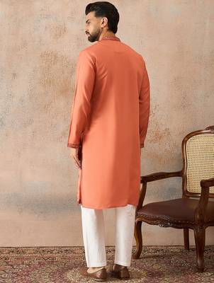 Mens orange silk blend solid embroidered kurta with trouser 4