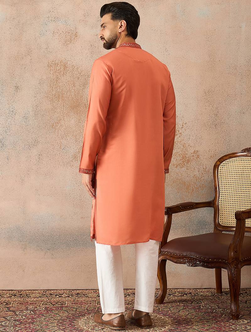 Mens orange silk blend solid embroidered kurta with trouser