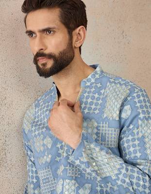 Mens blue silk blend solid embroidered kurta with trouser 1