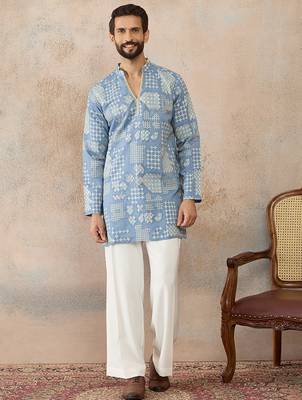 Mens blue silk blend solid embroidered kurta with trouser 2