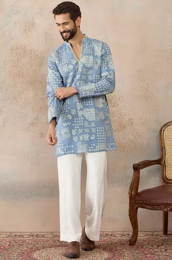Mens blue silk blend solid embroidered kurta with trouser
