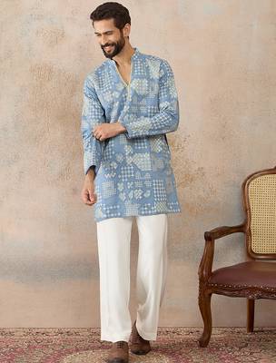 Mens blue silk blend solid embroidered kurta with trouser 5
