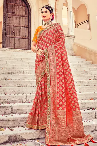 Red woven silk blend saree with blouse