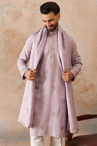 Mens lavender silk blend solid embroidered kurta and trouser with dupatta