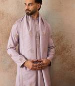 Mens lavender silk blend solid embroidered kurta and trouser with dupatta