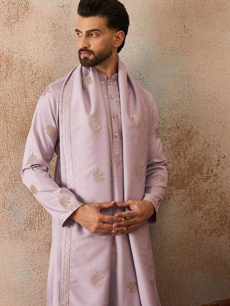 Mens lavender silk blend solid embroidered kurta and trouser with dupatta