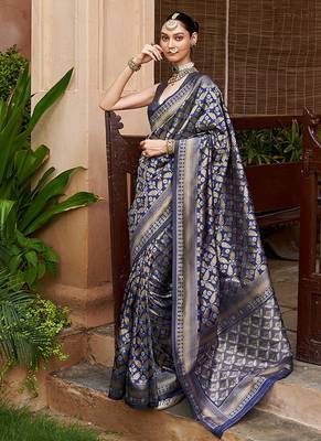 Viscose silk blend navy blue woven saree 1