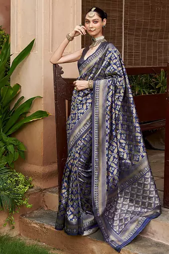Viscose silk blend navy blue woven saree