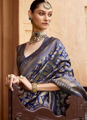 Viscose silk blend navy blue woven saree 2
