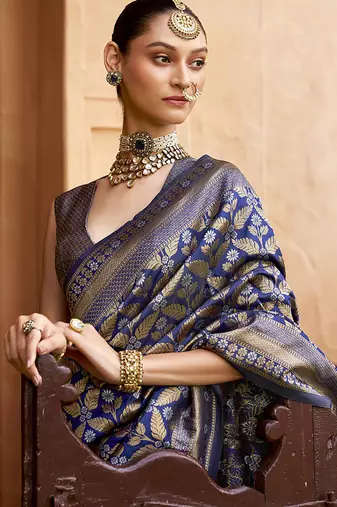 Viscose silk blend navy blue woven saree