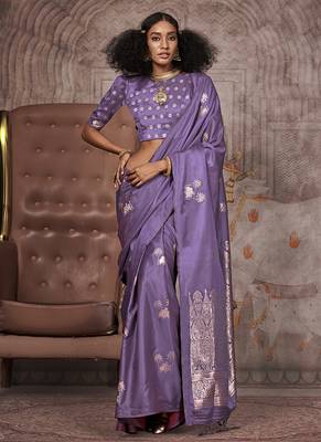 Purple satin silk saree with brocade blouse 1