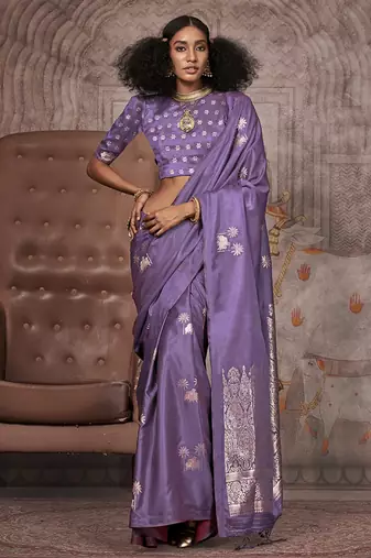 Purple satin silk saree with brocade blouse