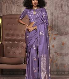 Purple satin silk saree with brocade blouse
