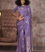 Purple satin silk saree with brocade blouse