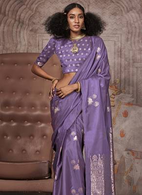 Purple satin silk saree with brocade blouse 2