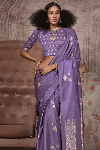 Purple satin silk saree with brocade blouse