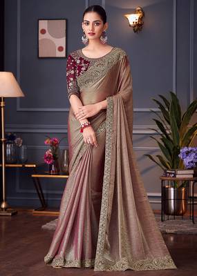 Embroidered silk blend saree in brown 1