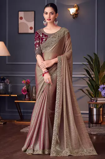 Embroidered silk blend saree in brown