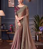 Embroidered silk blend saree in brown