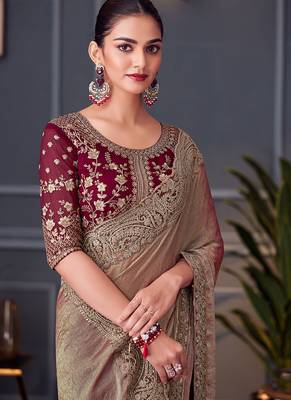 Embroidered silk blend saree in brown 2