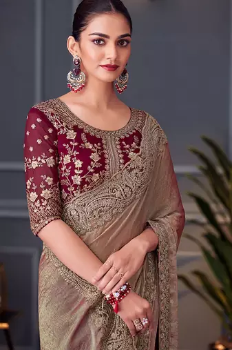 Embroidered silk blend saree in brown