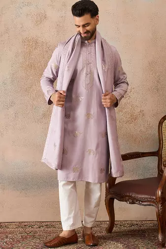 Mens lavender silk blend solid embroidered kurta and trouser with dupatta