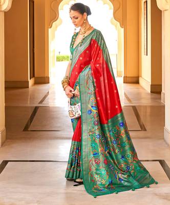 Red colour silk blend sarees with floral motifs 1