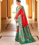Red colour silk blend sarees with floral motifs
