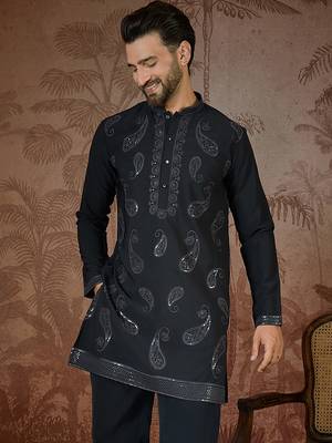 Mens black silk blend solid embroidered kurta 1