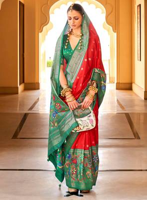 Red colour silk blend sarees with floral motifs 2