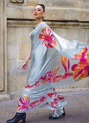 Satin stale gray printed trendy saree 1