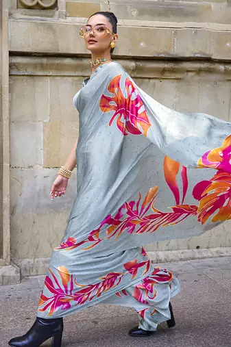 Satin stale gray printed trendy saree