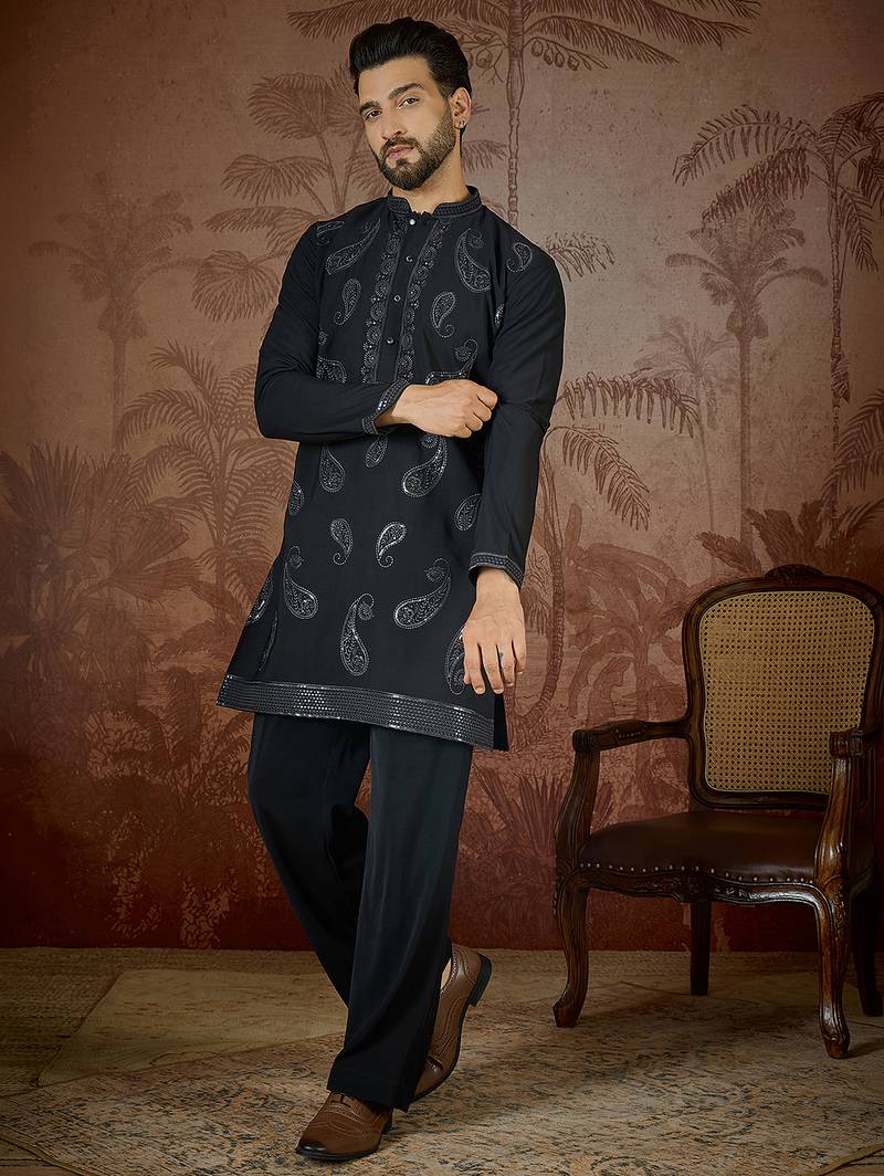 Mens black silk blend solid embroidered kurta