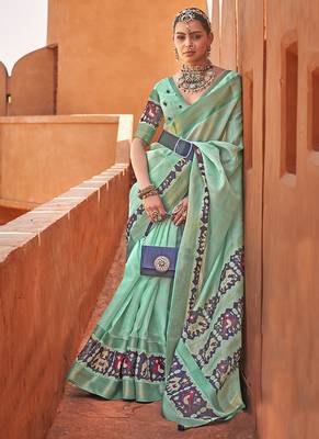 Sea green colour cotton silk patola printed saree 1