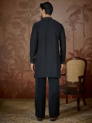 Mens black silk blend solid embroidered kurta 4