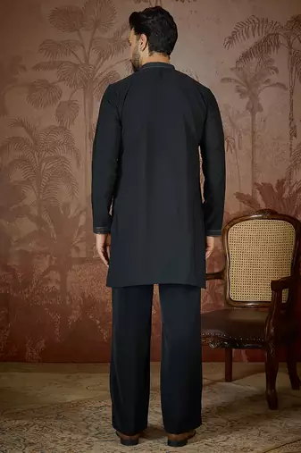 Mens black silk blend solid embroidered kurta