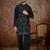 Mens black silk blend solid embroidered kurta